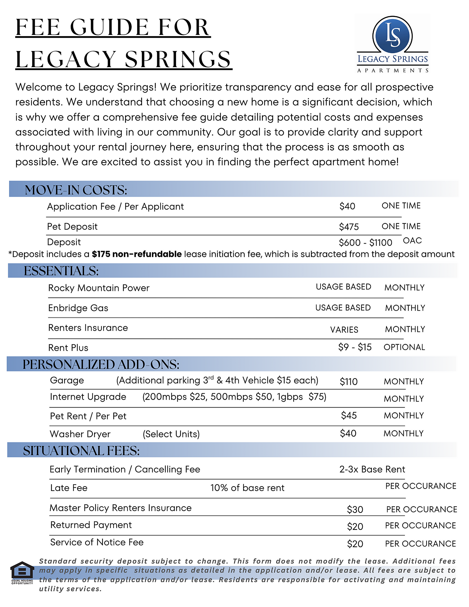 Legacy Springs - Fee Guide