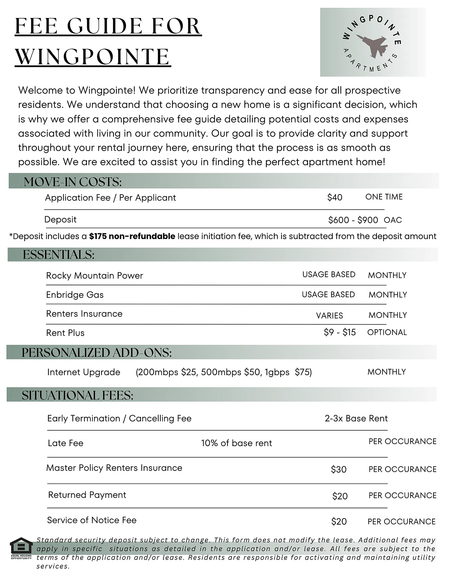 Wingpointe - Fee Guide
