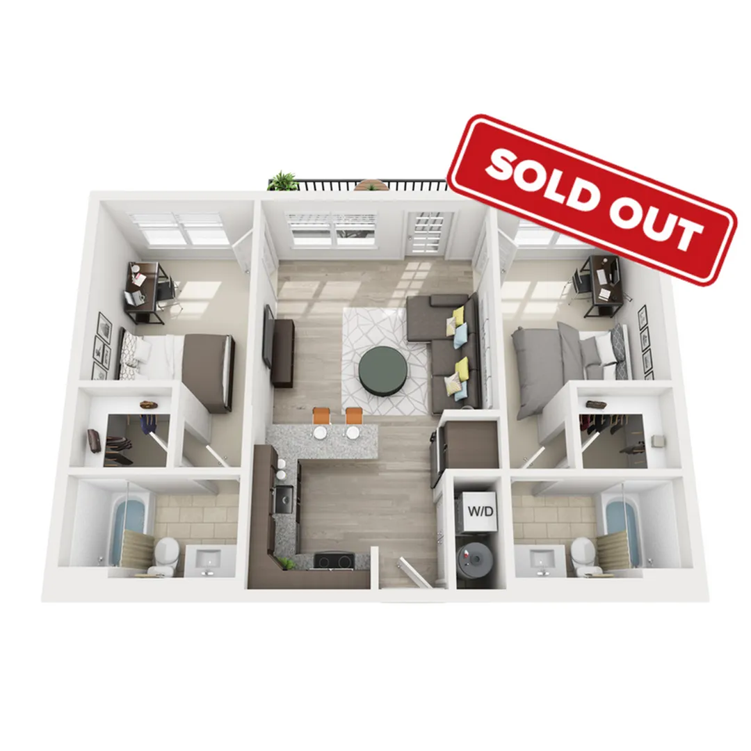 Modern 3D floor plan with 2 elegant bedrooms, open living room, stylish kitchen, and dual bathrooms, featuring chic decor and natural light.