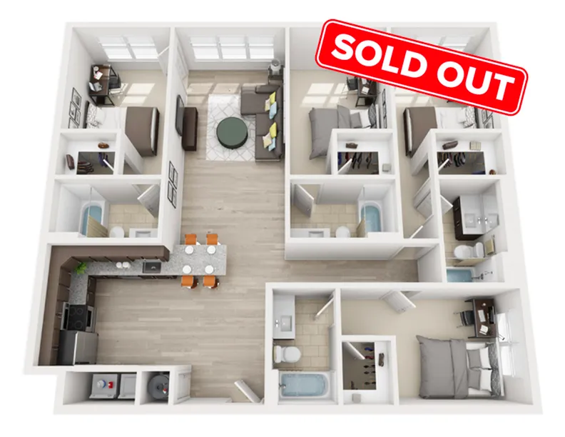 Spacious 3D floor plan showcasing three bedrooms, modern kitchen with island seating, elegant living area, and two luxurious bathrooms. Sold out sign highlights high demand.