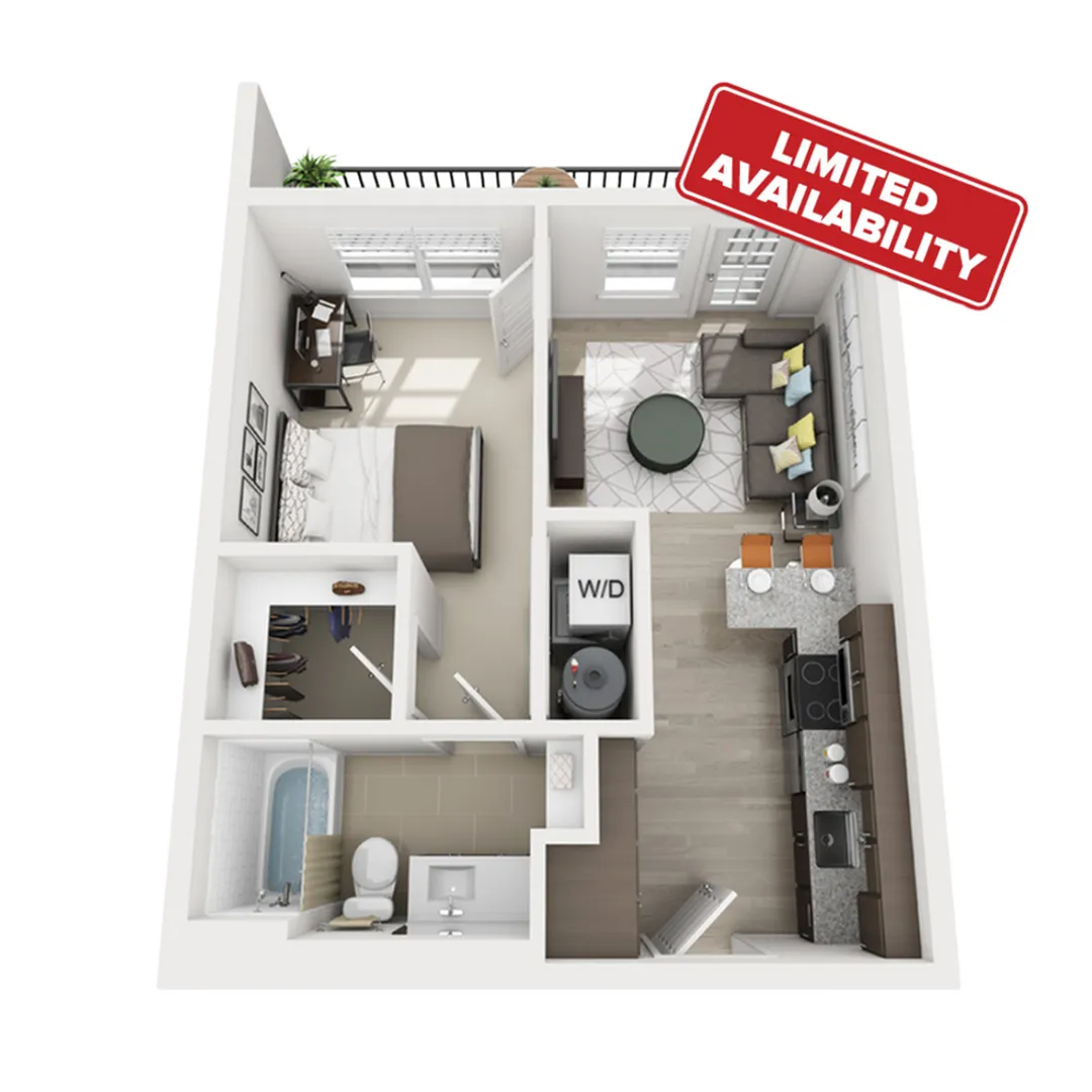 Modern 3D floor plan with one bedroom, open kitchen, cozy living area, and chic bathroom, featuring in-unit laundry and balcony.