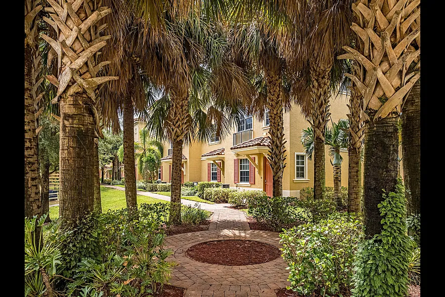 Welcome to a picturesque apartment entrance framed by lush palm trees and vibrant greenery, creating a serene tropical atmosphere.