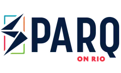 Modern logo featuring 'Sparq on Rio' with dynamic geometric designs and vibrant colors.