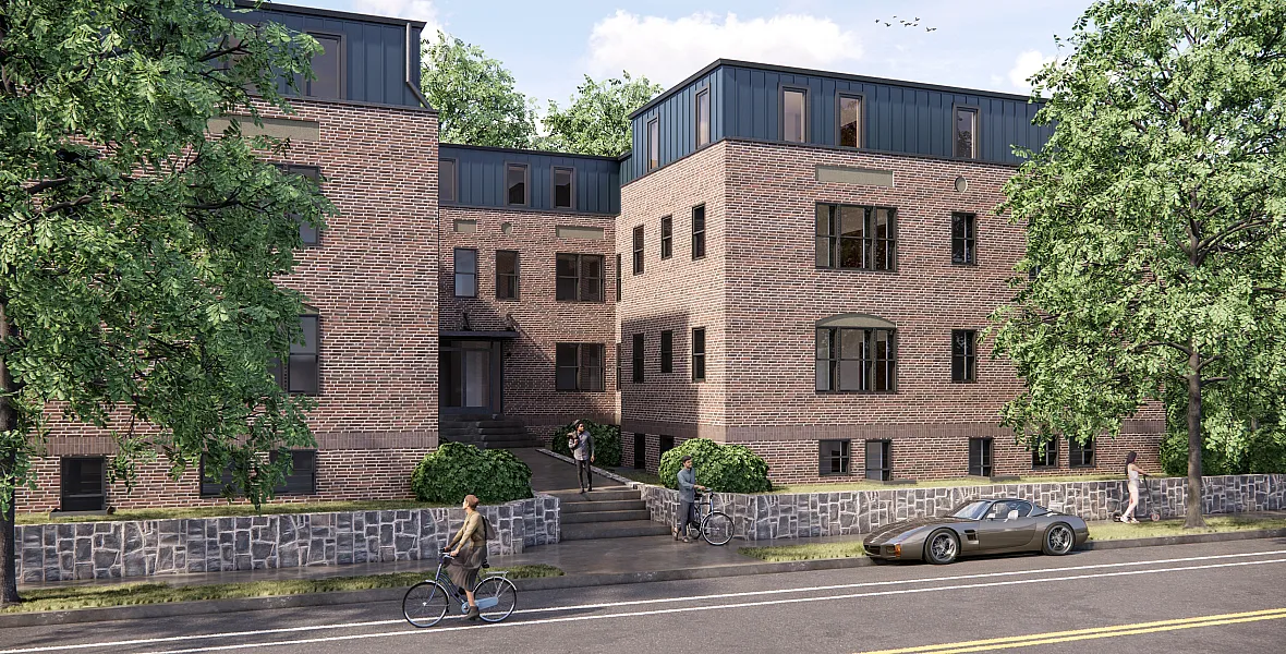 Modern brick apartment building with lush greenery, a sleek car parked out front, and pedestrians enjoying a vibrant street view.