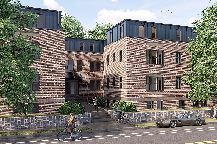 Charming brick apartment building with modern architecture, surrounded by lush greenery and featuring a peaceful urban setting, ideal for city living.