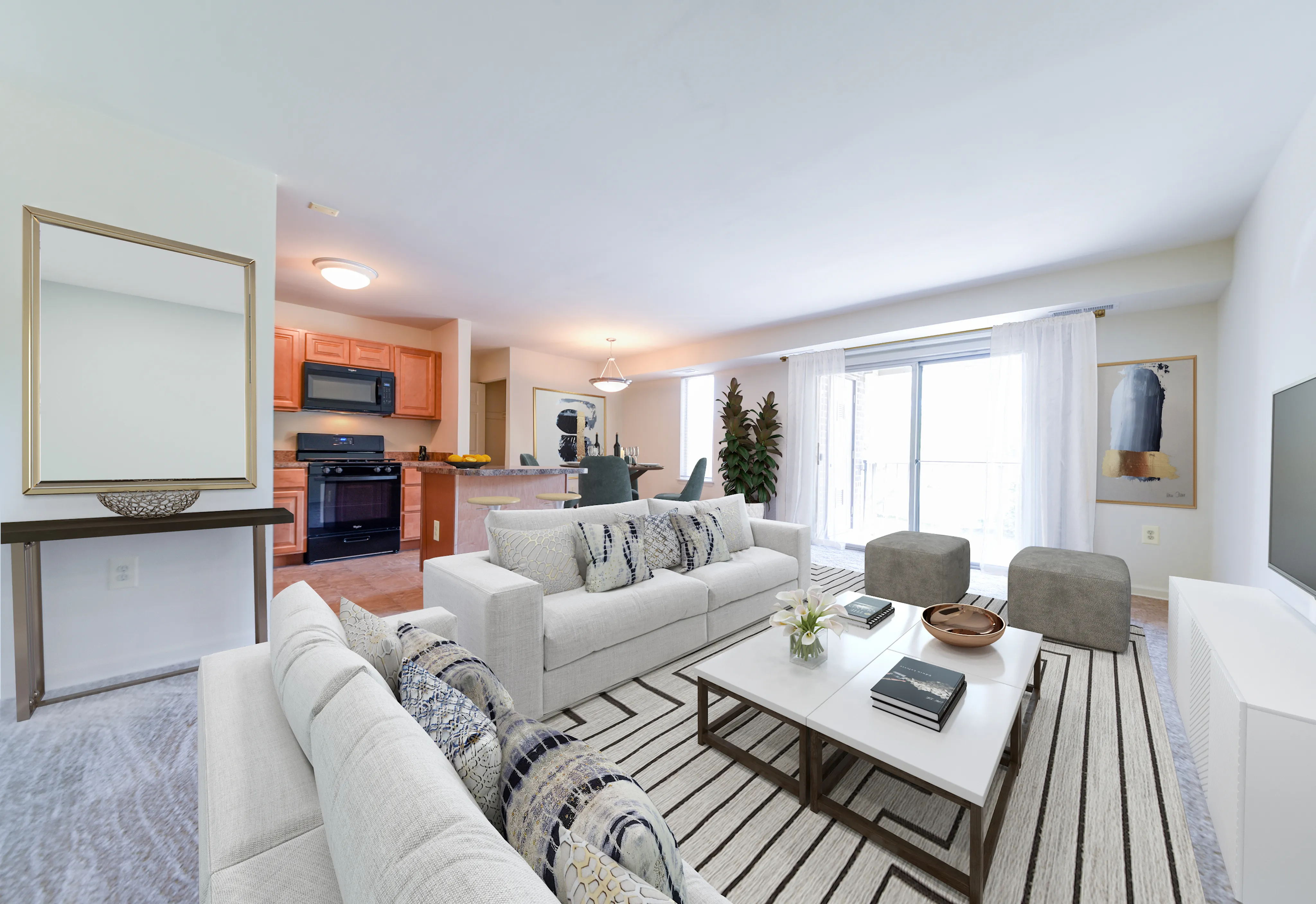 Living, dining room & kitchen.