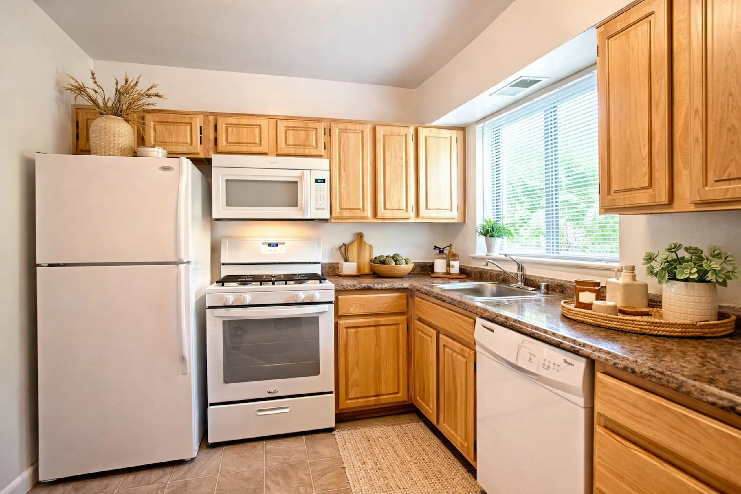 Kitchen. White Appliances, Maple Cabinetry. Window with lots of Sunlight.