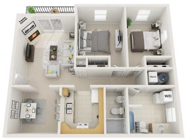 2 bedroom 2 bath 960sq ft