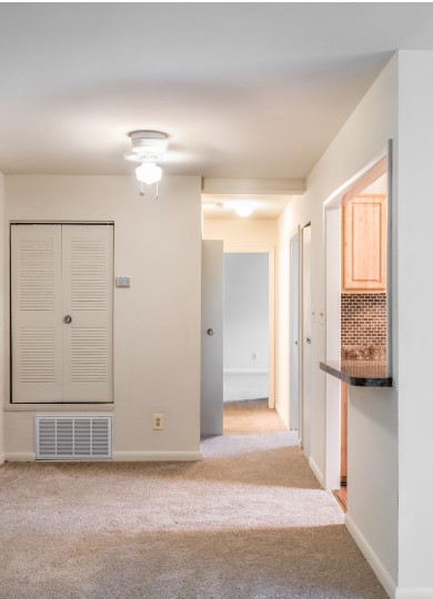 carpeted living room with view into hallway at middle branch