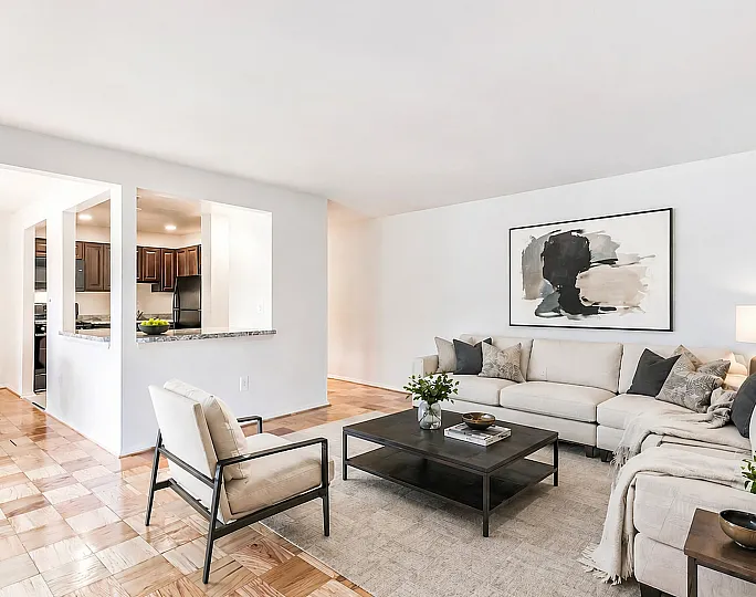 Living room, dining room with parquet floors and natural sunlight