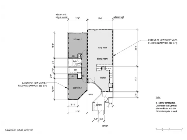 2-Bedroom floor plan in Helemano, single story, 2 bedrooms, 1 bath, 990 sq ft