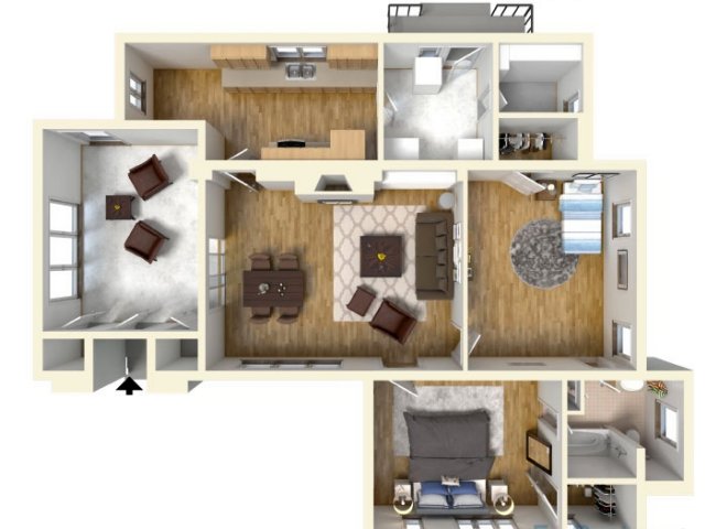 2-bedroom single historic home, 3D floor plan