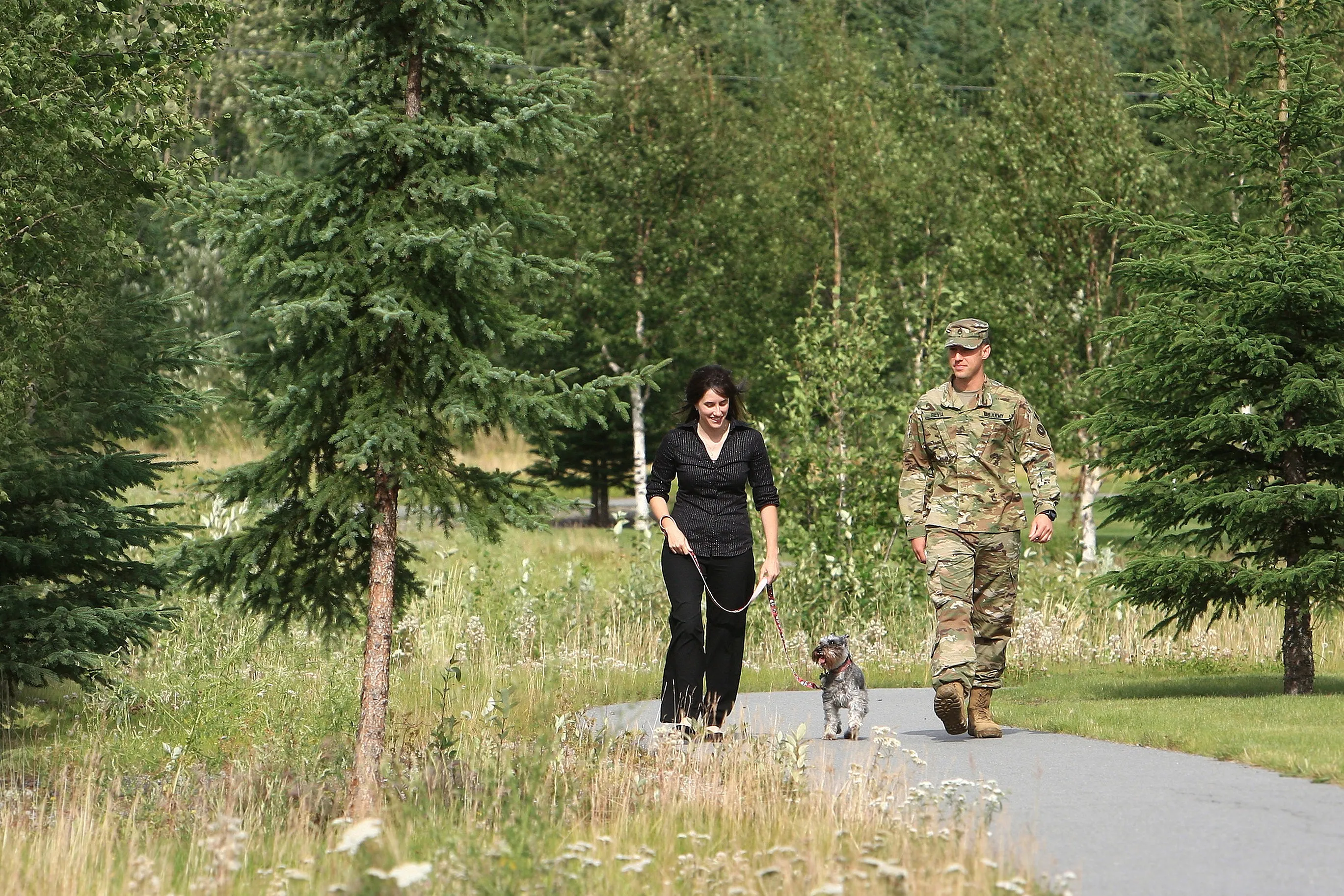 couple walking with dog