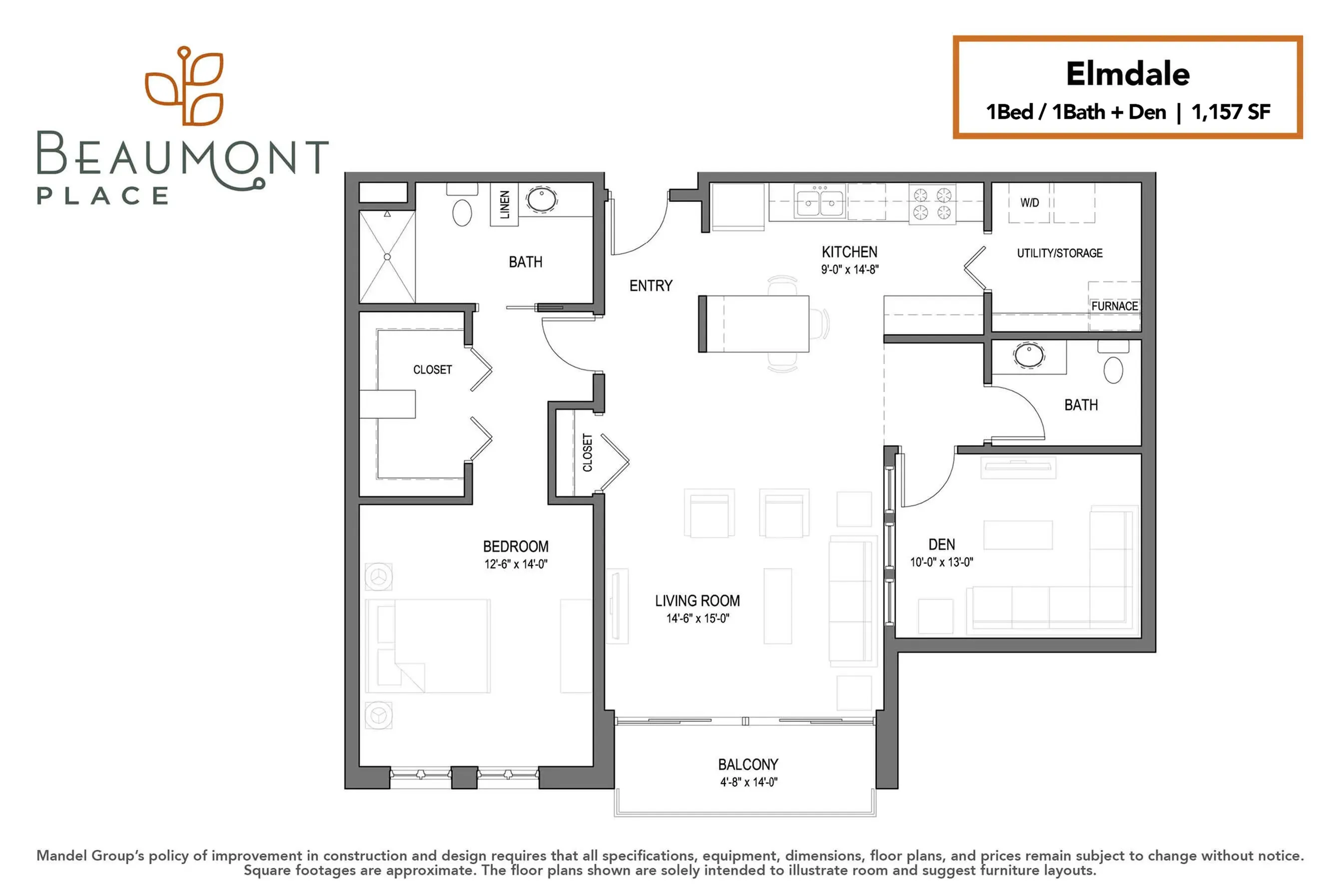 Elmdale floor plan showcasing a sleek 1 bedroom, 1 bath, and a versatile den. Includes a modern open kitchen and living room, plus a private balcony, spanning 1,157 square feet. Perfect for contemporary living.
