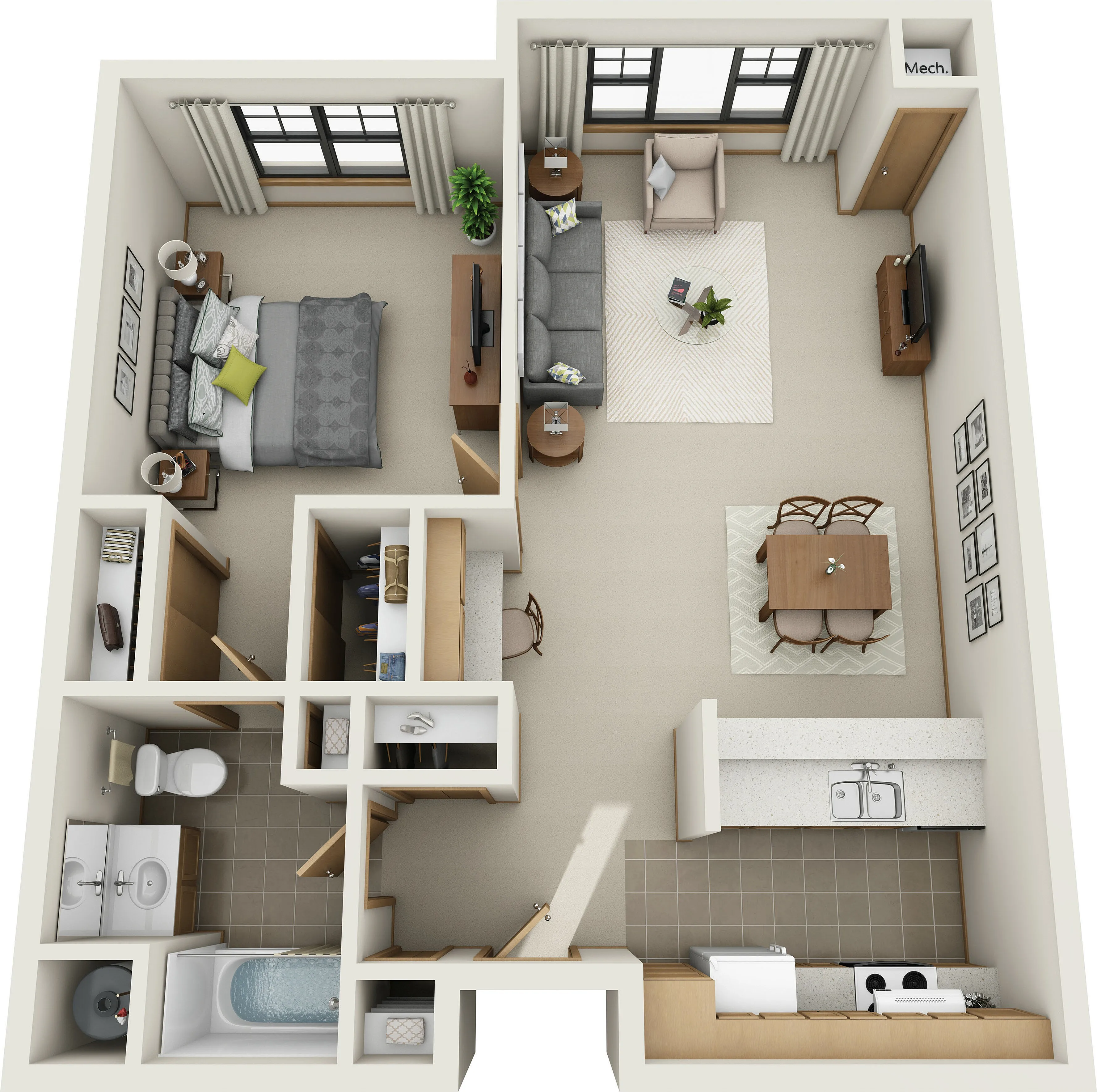 Modern 3D floor plan displaying a cozy one-bedroom apartment with a sleek kitchen, inviting living area, and elegant bathroom design.