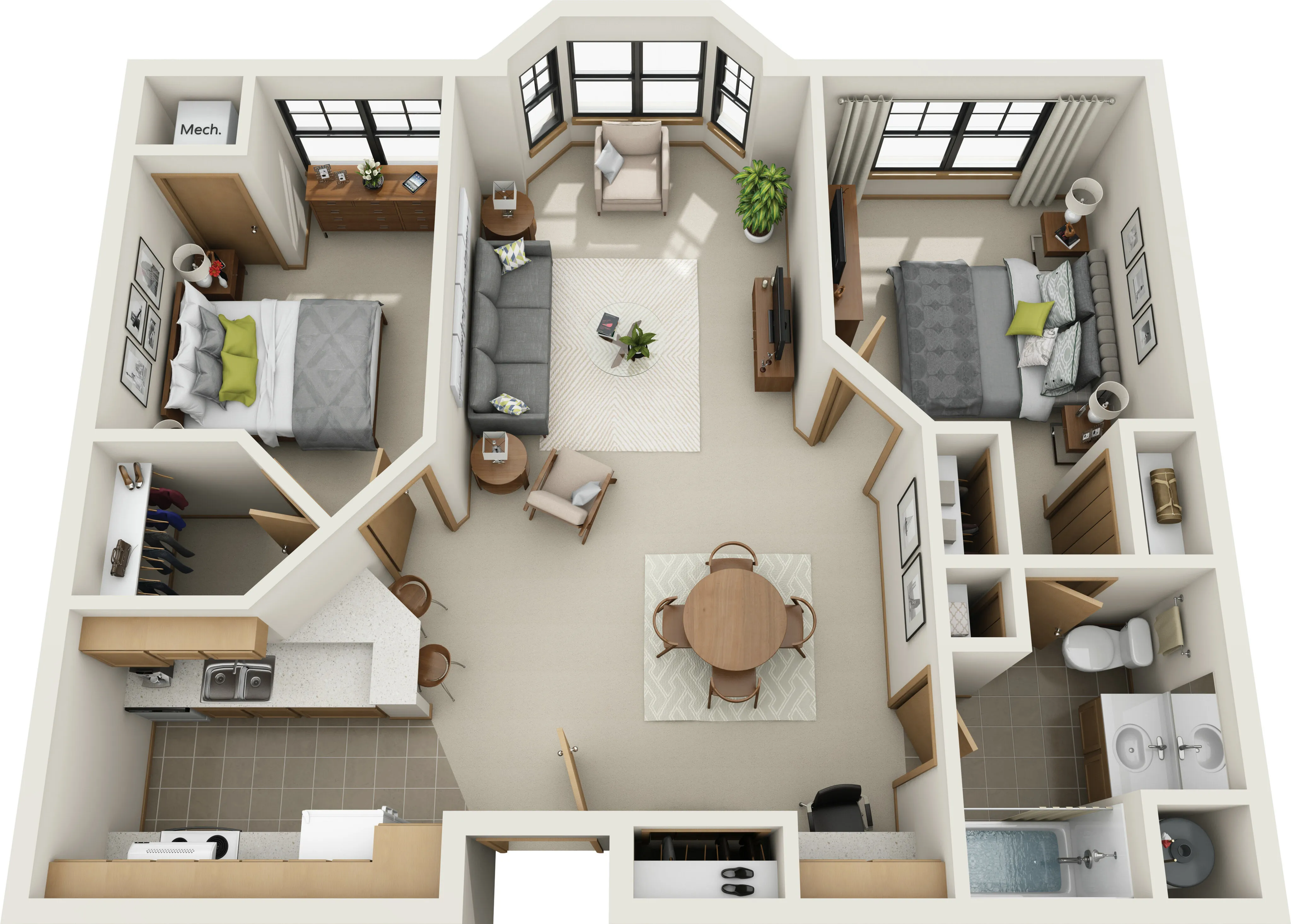 Inviting floor plan showcasing 2 bedrooms, a cozy living room, modern kitchen, and elegant dining area with stylish decor.
