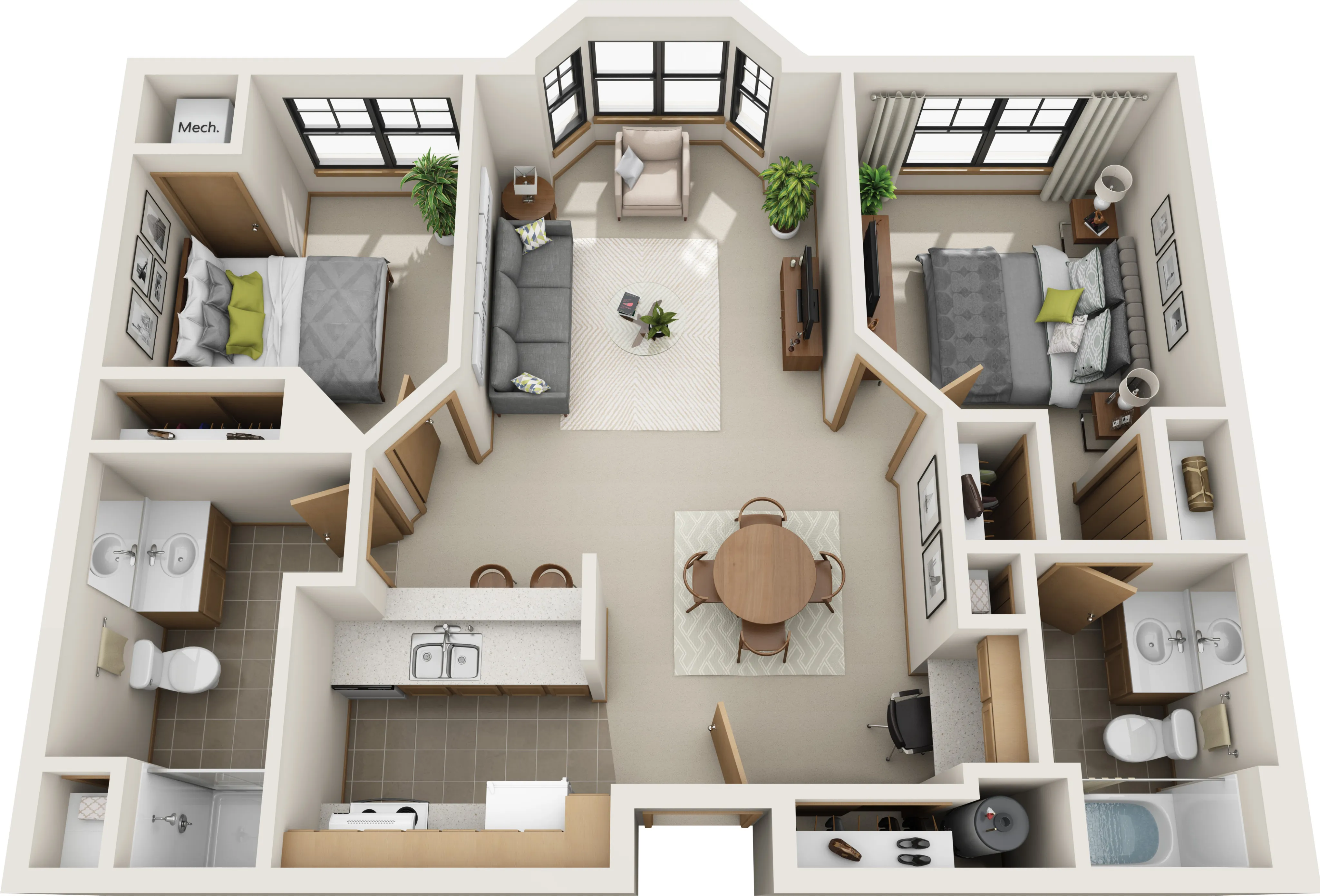 Modern 3D floor plan showcasing a two-bedroom apartment with a cozy living room, open kitchen, dining area, and two bathrooms.