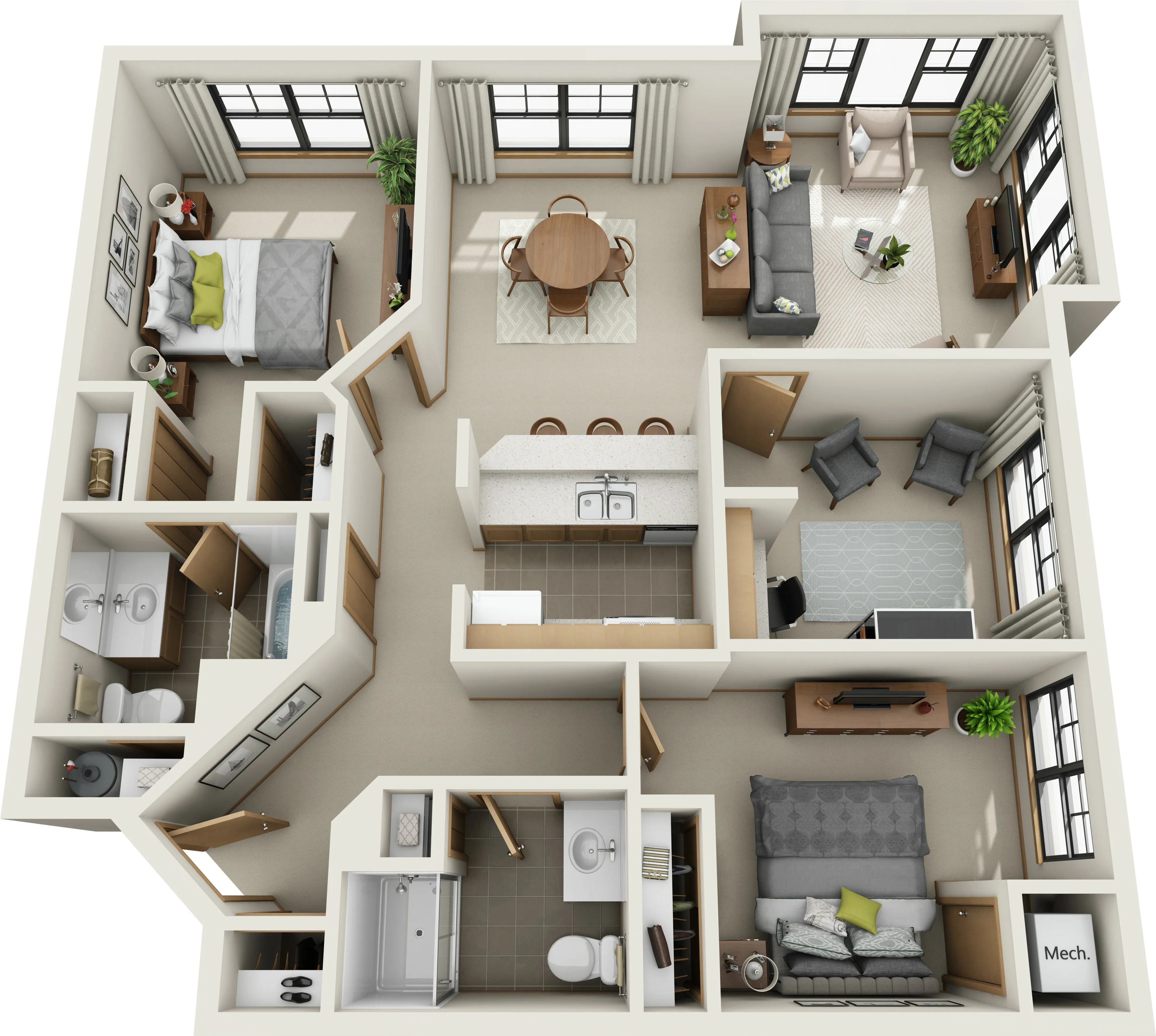 Modern 3D floor plan showcasing 2 bedrooms, cozy living room, dining area, sleek kitchen, and two stylish bathrooms with ample natural light.