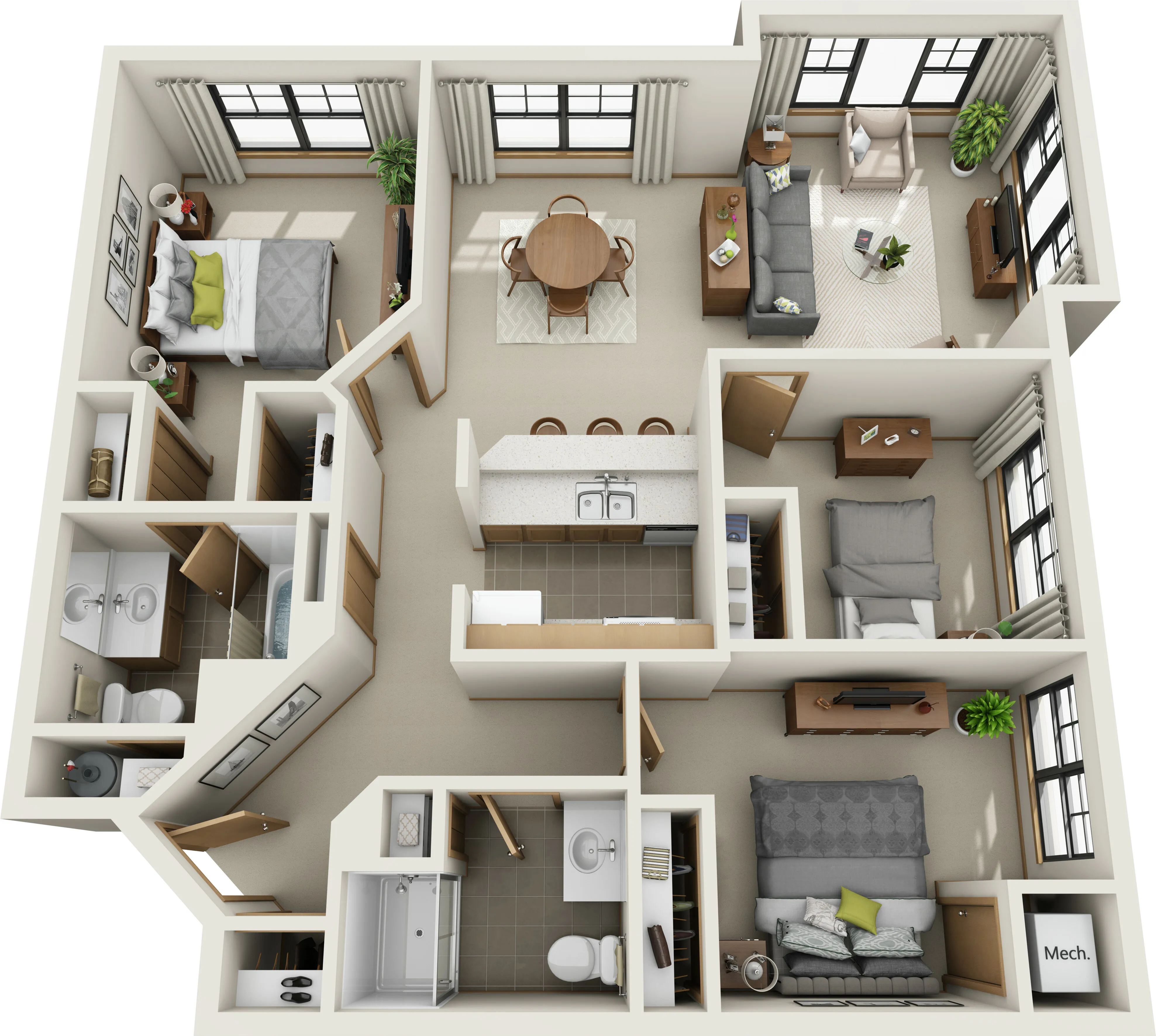 Elegant 3D floor plan featuring two bedrooms, a cozy living room, modern kitchen with bar seating, and a stylish dining area.