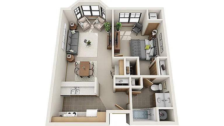 Chic 3D floor plan with one bedroom, a cozy living room, modern kitchen, and elegant bathroom.