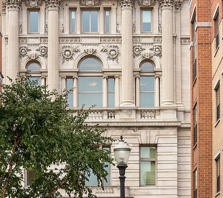 Elegant historical building facade with ornate columns and intricate architectural details set between modern brick structures, highlighted by a lush green tree in the foreground.