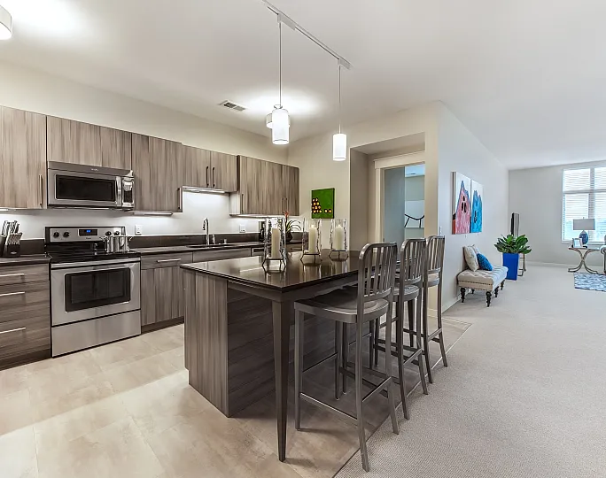 Modern open-concept kitchen with sleek cabinetry, stainless steel appliances, and elegant island seating, seamlessly flowing into a cozy living room with stylish decor and natural light.