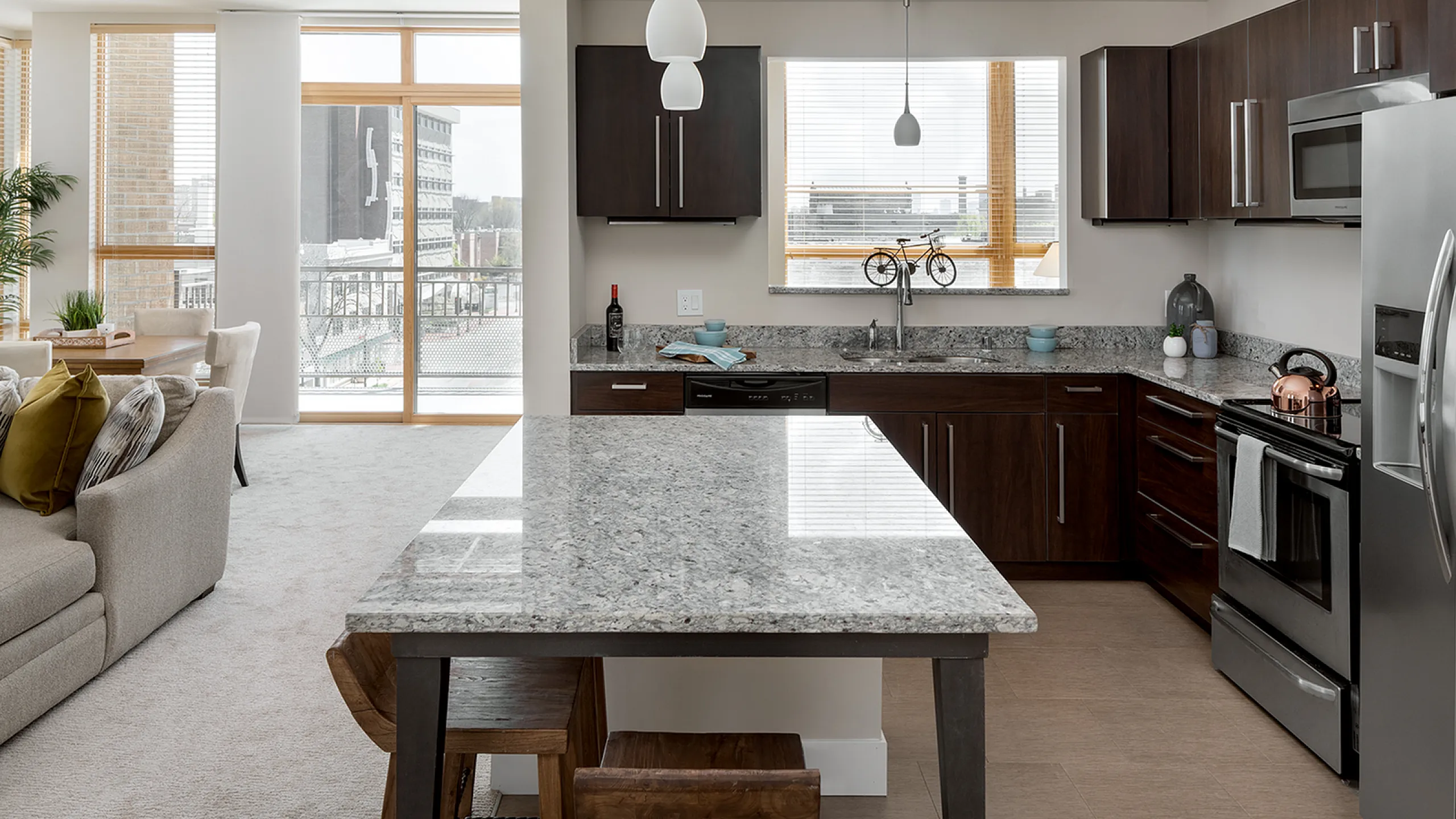 Modern apartment with open-concept kitchen and living area, featuring sleek granite countertops, dark wood cabinetry, and bright natural light.