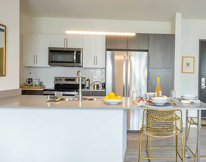 Modern kitchen with sleek appliances, elegant bar seating, and stylish decor, perfect for entertaining guests.