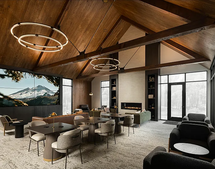 Luxurious lounge with vaulted wooden ceiling, modern circular chandeliers, and a cozy fireplace, ideal for relaxation and entertainment.