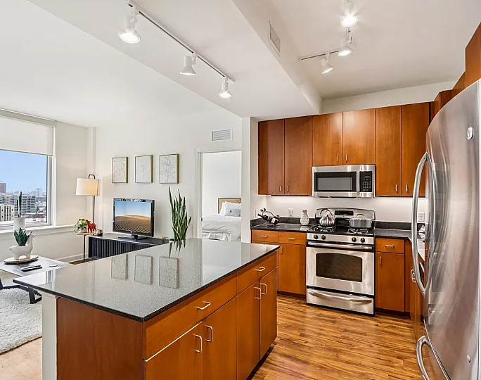 Modern apartment interior with a sleek kitchen, stainless steel appliances, and open living area. Large windows offer stunning city views, creating a bright and inviting space.