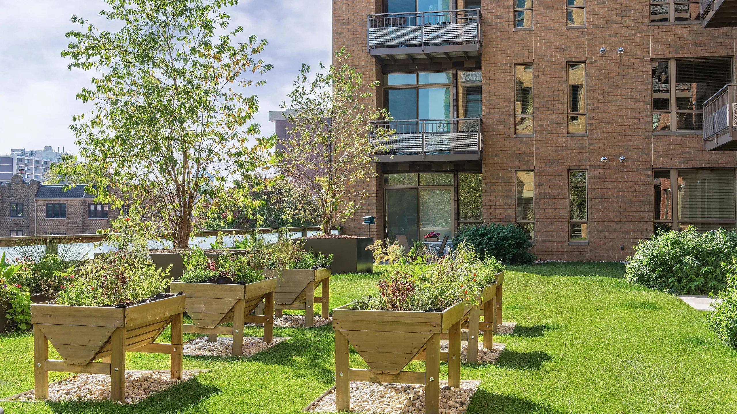 Charming urban garden with wooden planters and lush greenery against a backdrop of a modern brick apartment building.