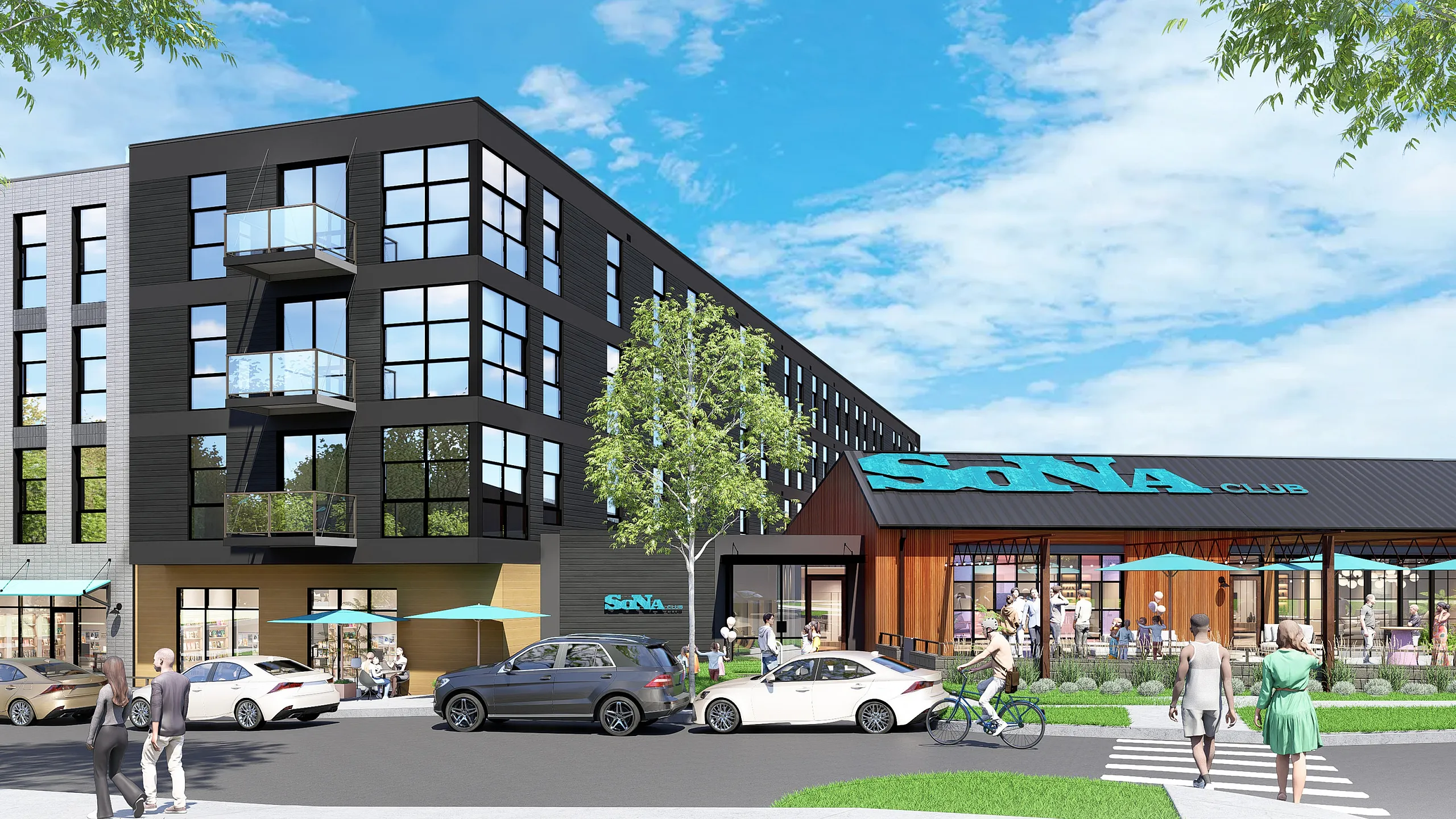 Vibrant urban scene showcasing a modern mixed-use building with sleek architecture, adjacent to a lively caf&eacute; with outdoor seating, set against a clear blue sky.