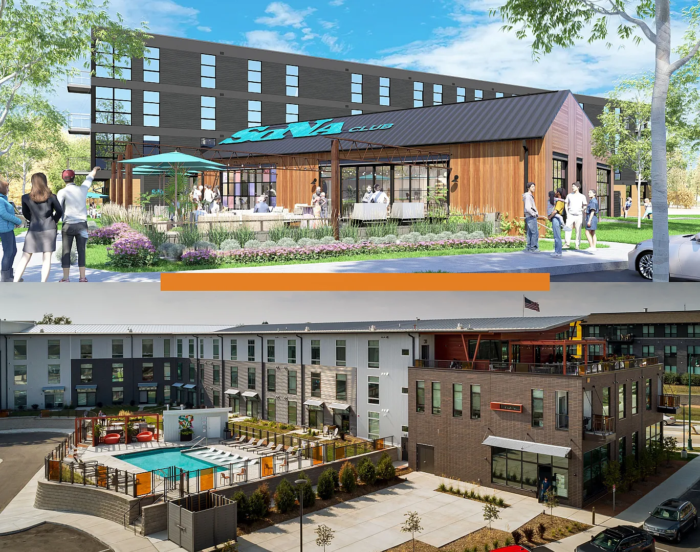 Vibrant apartment community featuring a modern clubhouse with outdoor seating and a resort-style pool, surrounded by lush greenery and contemporary architecture.