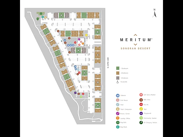 Meritum Sonoran Desert community map with apartment layout and amenities including pool, fitness center, and dog park.