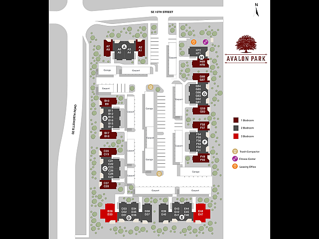 Avalon Park community map with 1, 2, and 3 bedroom options, along with amenities like a fitness center and leasing office.