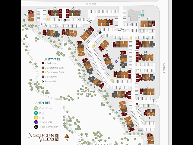 A detailed community map of NorthGlen Villas showcasing the layout of apartment homes and amenities