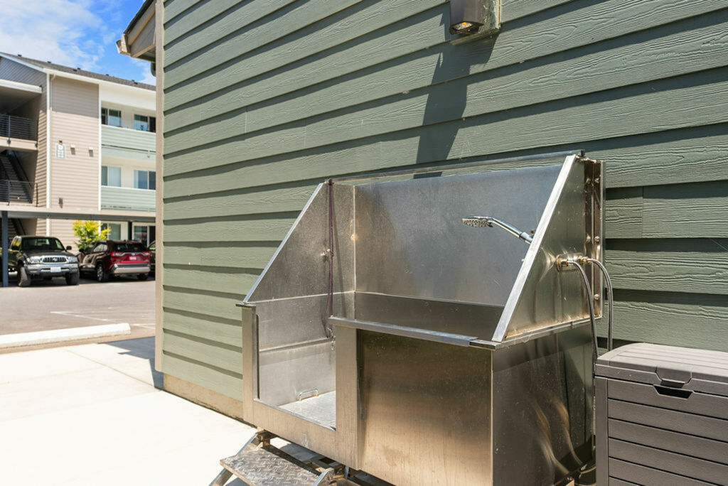 Modern outdoor pet wash station with sleek stainless steel design, perfectly situated in a sunny, convenient apartment complex.
