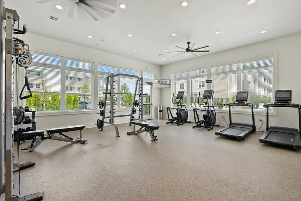 Modern fitness center with large windows showcasing natural light, equipped with treadmills, weight machines, and state-of-the-art gym equipment.