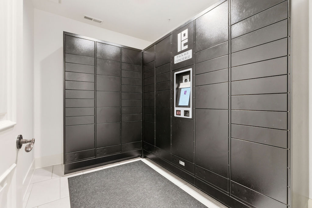 Modern package concierge system in a sleek apartment complex, highlighting convenience and security for residents.