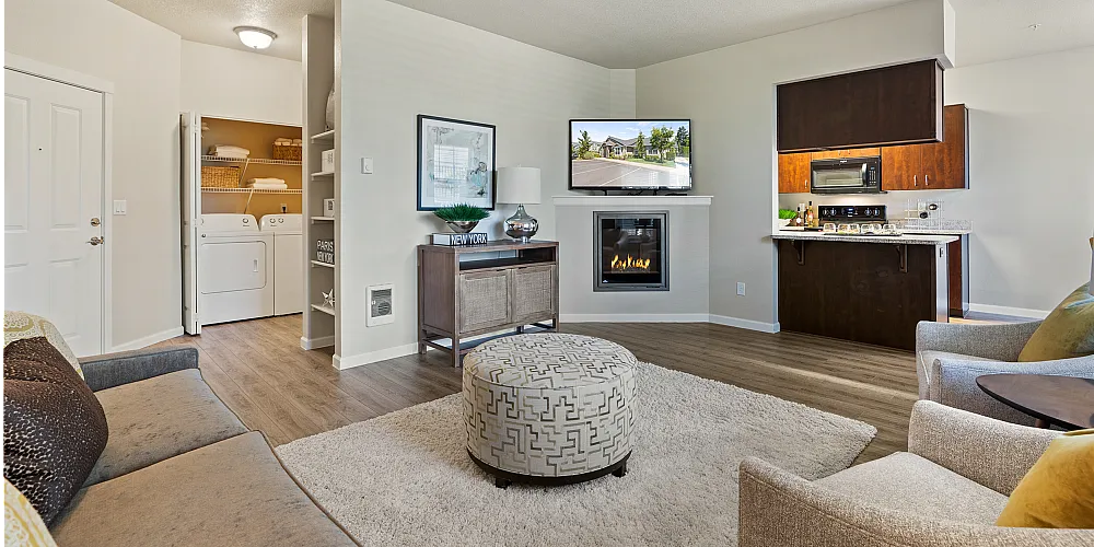 Inviting living space with modern fireplace, stylish seating, and open kitchen concept featuring sleek cabinetry and appliances.