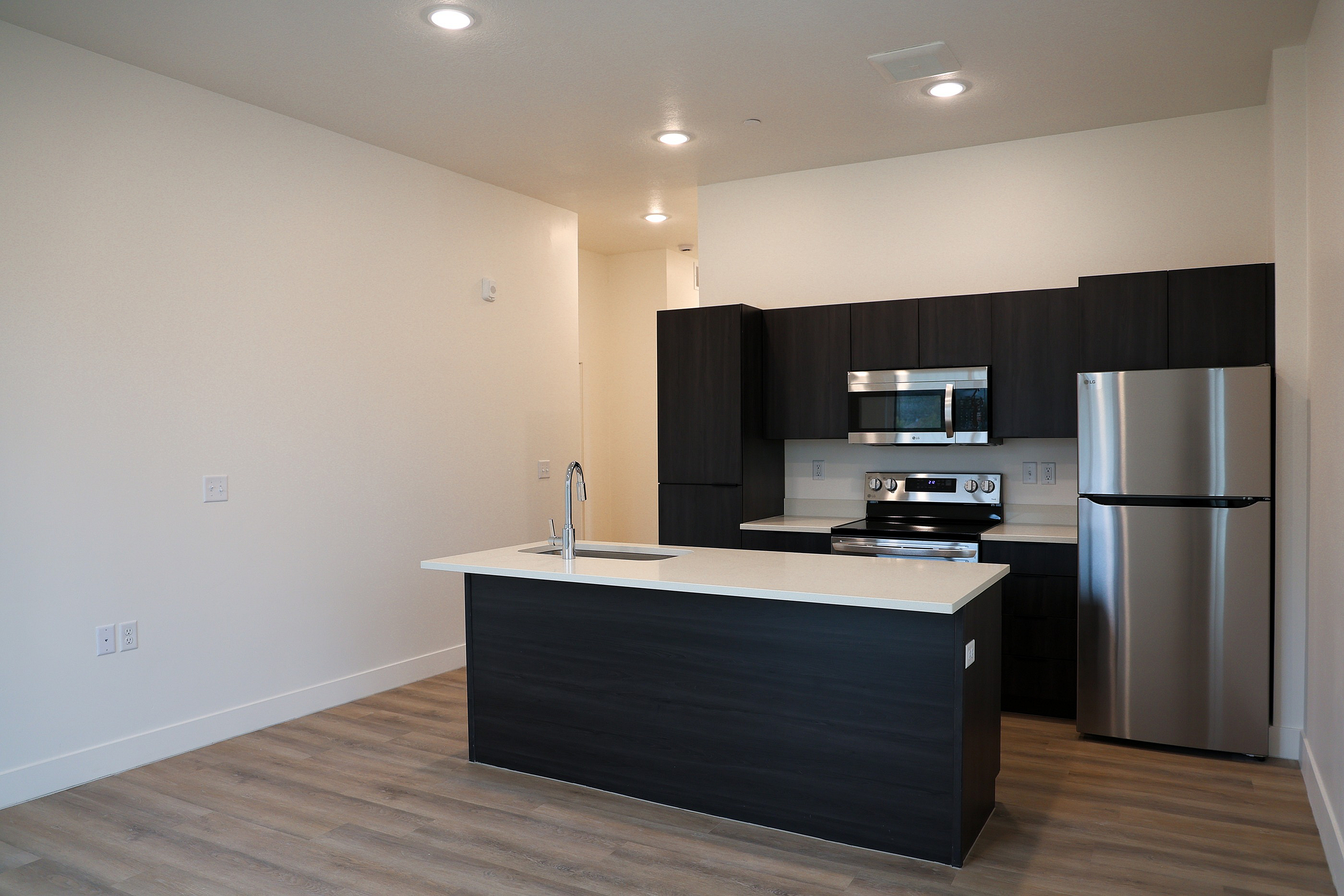 Modern kitchen with sleek dark cabinetry, stainless steel appliances, and a spacious island with elegant lighting.