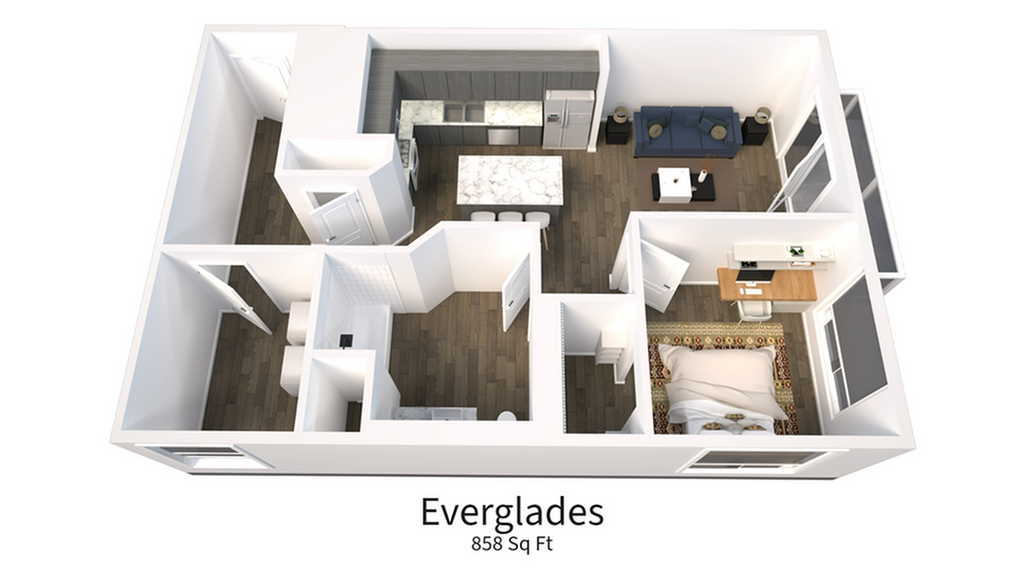Innovative 3D floor plan of the Everglades apartment featuring 1 bedroom, open living area, and modern kitchen, 858 sq ft.