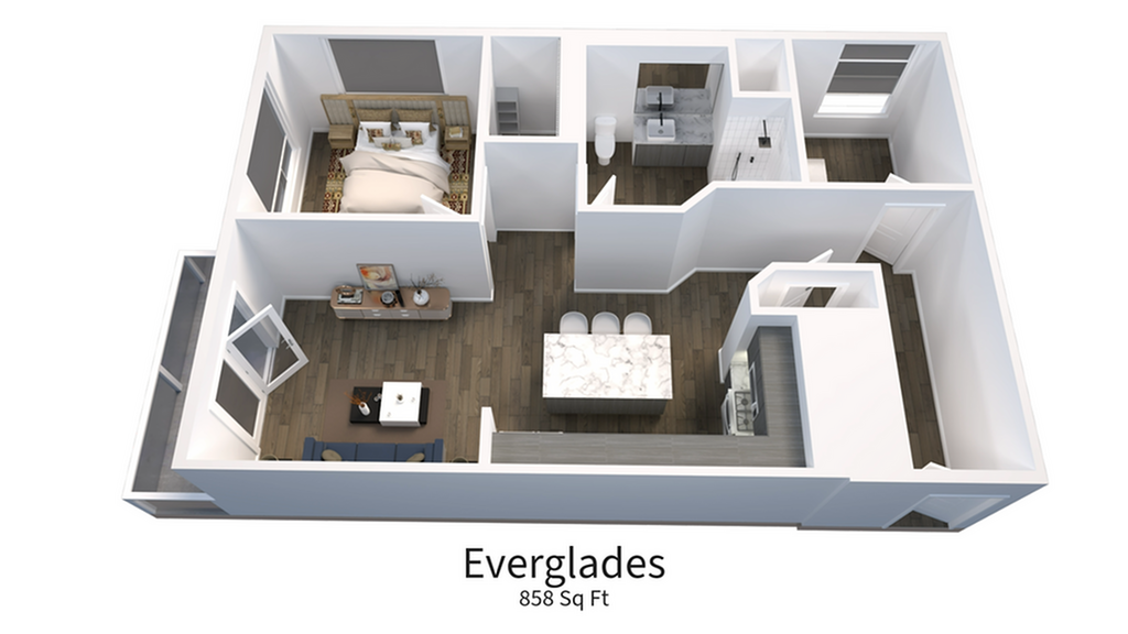 3D floor plan of Everglades apartment featuring a spacious bedroom, modern kitchen, and stylish living area, encompassing 858 sq ft.