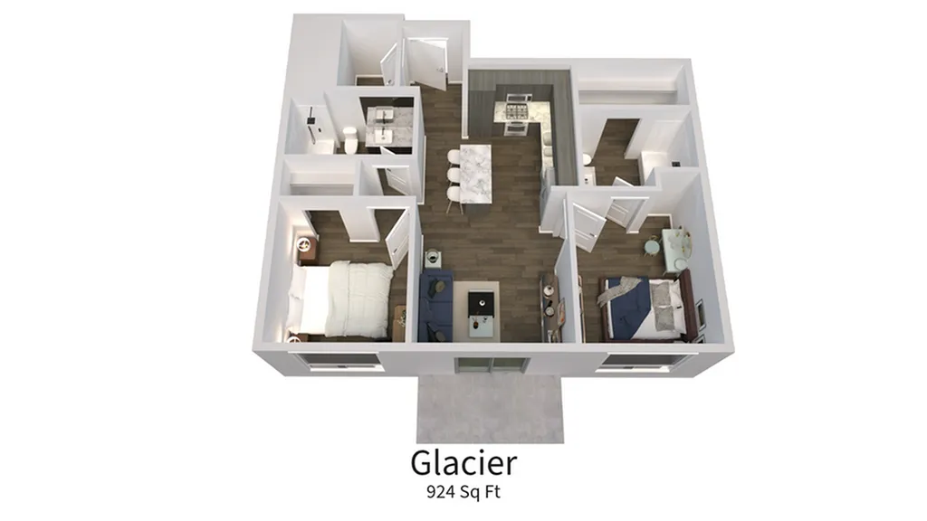 3D floor plan of Glacier apartment showing two bedrooms, an open living area, and a modern kitchen.