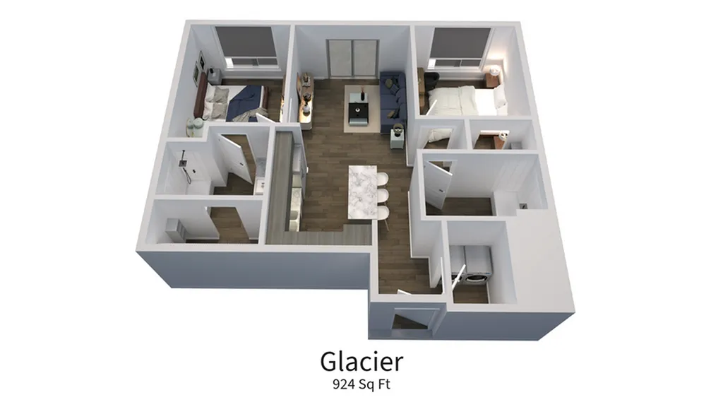 3D floor plan of Glacier apartment with 2 bedrooms, open-plan kitchen, and living area, 924 sq ft.