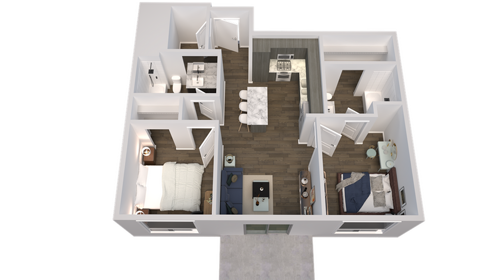 Chic 3D apartment layout featuring 2 bedrooms, modern kitchen, and cozy living area.