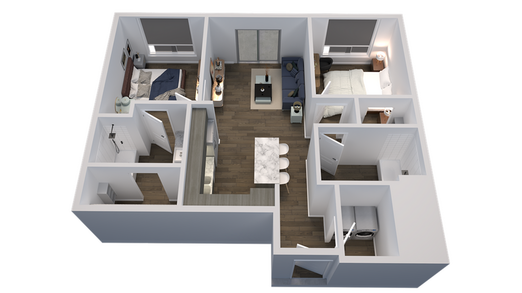 3D floor plan of a modern apartment with two bedrooms, open kitchen, and cozy living area.