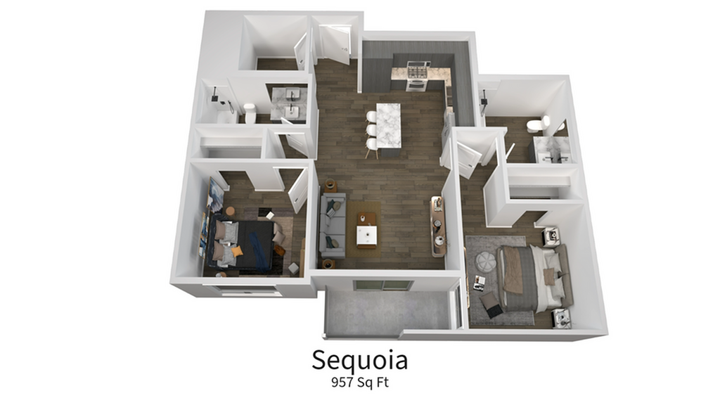 Chic 3D floor plan of Sequoia apartment featuring 2 bedrooms, modern kitchen, and stylish living area, spanning 957 sq ft.