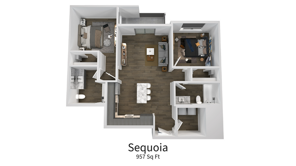 Chic 3D floor plan of the Sequoia apartment featuring two bedrooms, an open living area, and a modern kitchen, covering 957 sq ft.