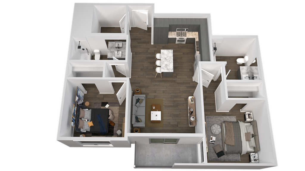 3D floor plan of a modern apartment with two bedrooms, open living and dining area, and a stylish kitchen.